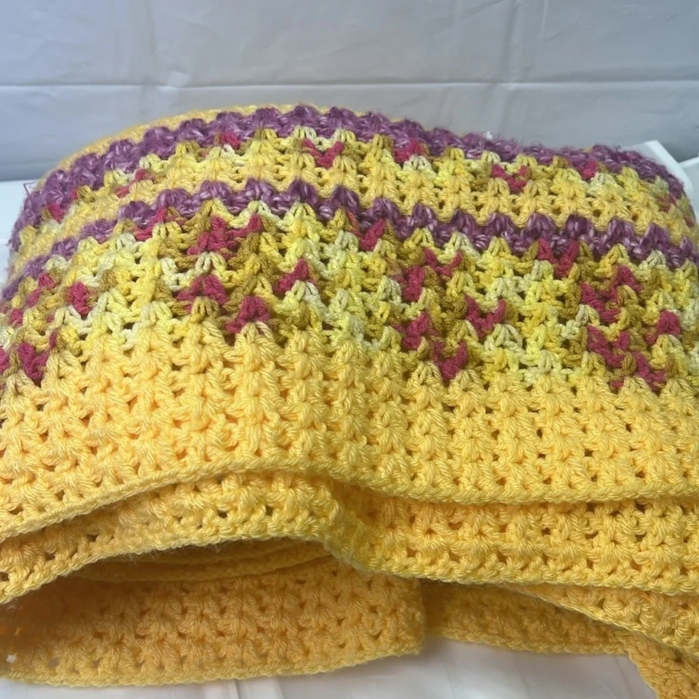 82” x 45” Hand Knit Throw Blanket Soft Yellow Purple